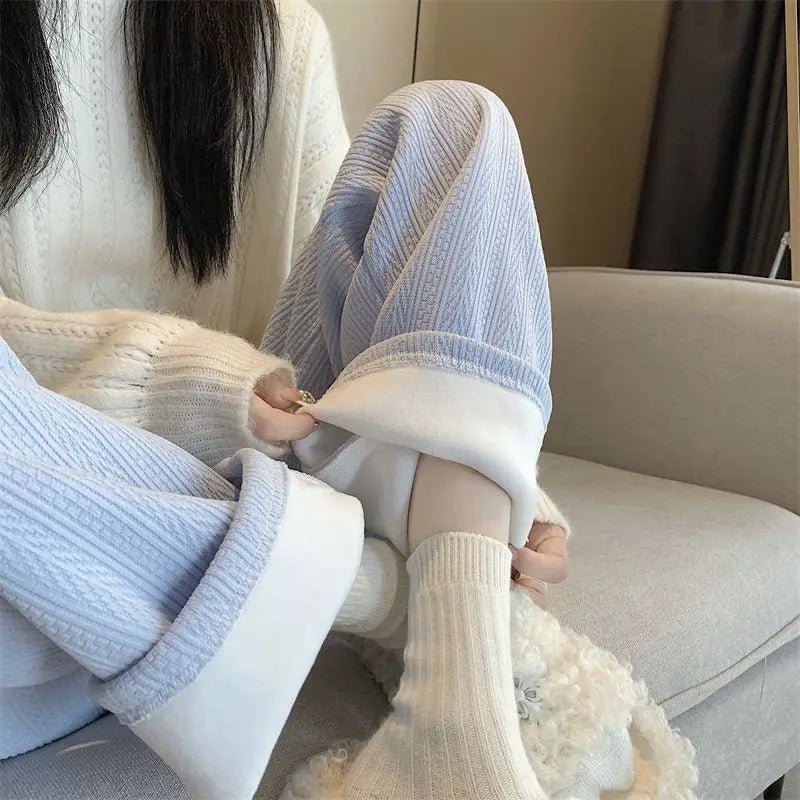 Women Autumn Winter Wide-Leg Pants High-Waist Casual Drape Loose Straight Pants Fleece Elastic Waist Fashion Mopping Pants