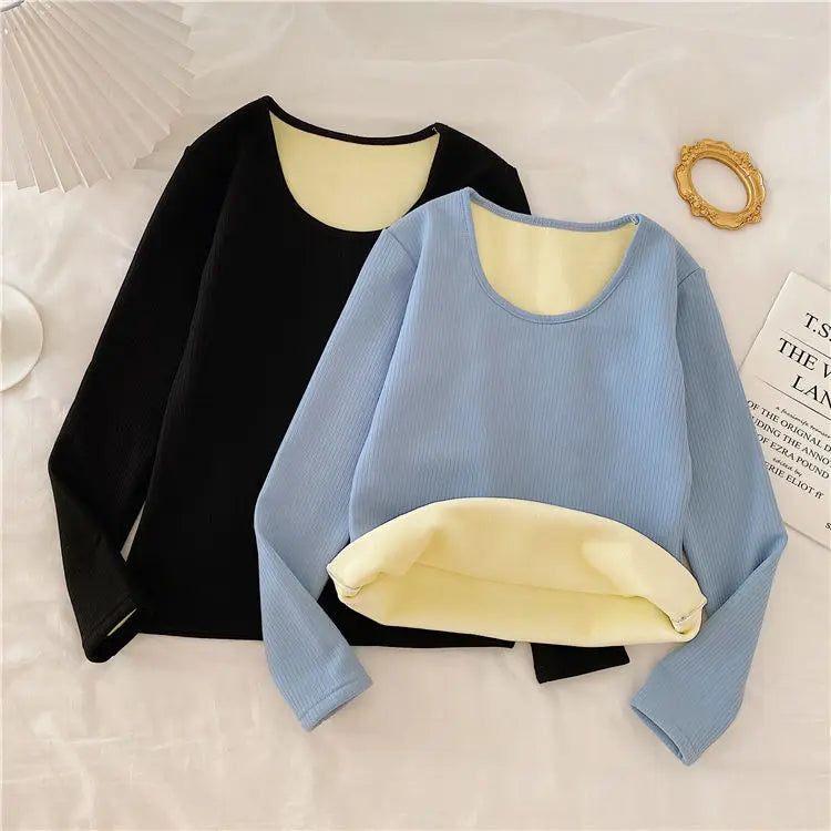 Warm O Neck Long Sleeve Tops Winter Women T Shirts Thread Casual Slim Solid Color Simple Add Fleece and Thicken T-Shirts