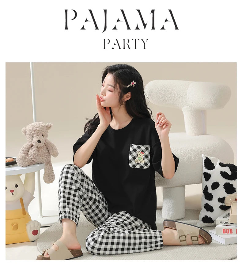 Big Size 5XL Pajama Sets Short Sleeved Cartoon Bear Knitted PJ Plaid Sleepwear Elegant Women's Pajamas Lounge Home Pijama Mujer