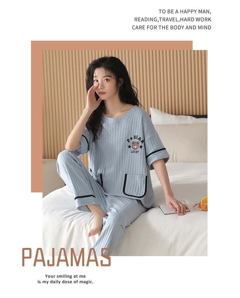 Big Size 5XL Pajama Sets Short Sleeved Cartoon Bear Knitted PJ Plaid Sleepwear Elegant Women's Pajamas Lounge Home Pijama Mujer