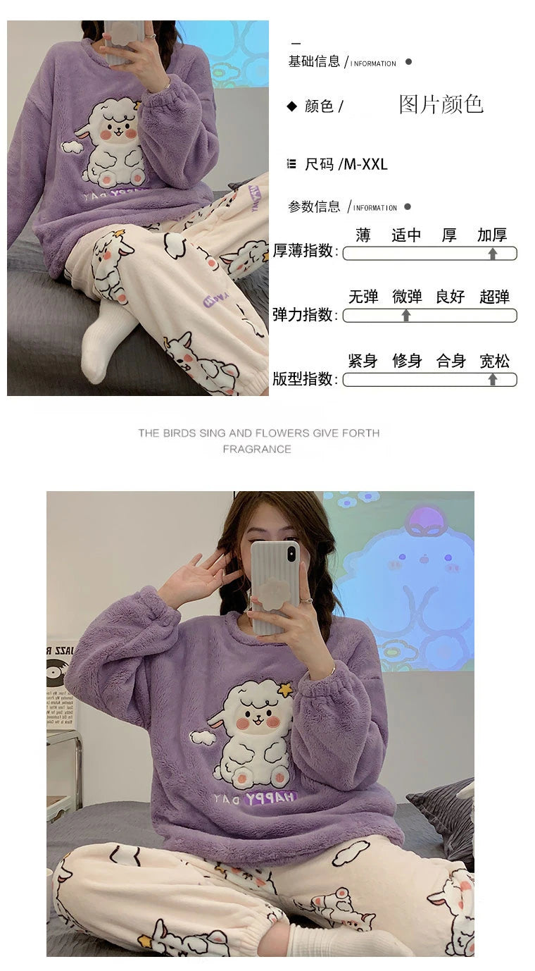 Autumn Winter Women's Pajamas Cute Cartoon Printed Sleepwear Casual Home Wear Set Girl Knitted Size M-3XL Pijamas Fashion Pyjama