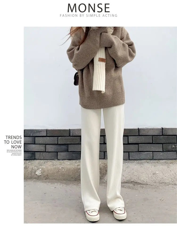 Winter Women Black Fleece Lined Wide Leg Pants Thicken Warm Baggy Drape Sweatpants High Waist Casual Corduroy Straight Pants