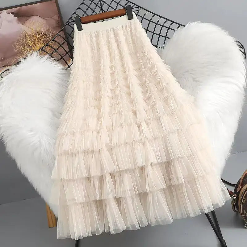 Mid Long Tulle Skirt for Women Trendy HighElastic Waisted A Line Fluffy Fairy Mesh Layered Ruffle Skirt Gifts for Girls