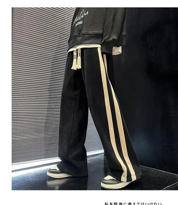 Fleece Thicken Corduroy Wide-leg Pants Men's Harajuku High Street Side Stripes Pants Casual Straight Elastic Waist Sweatpants