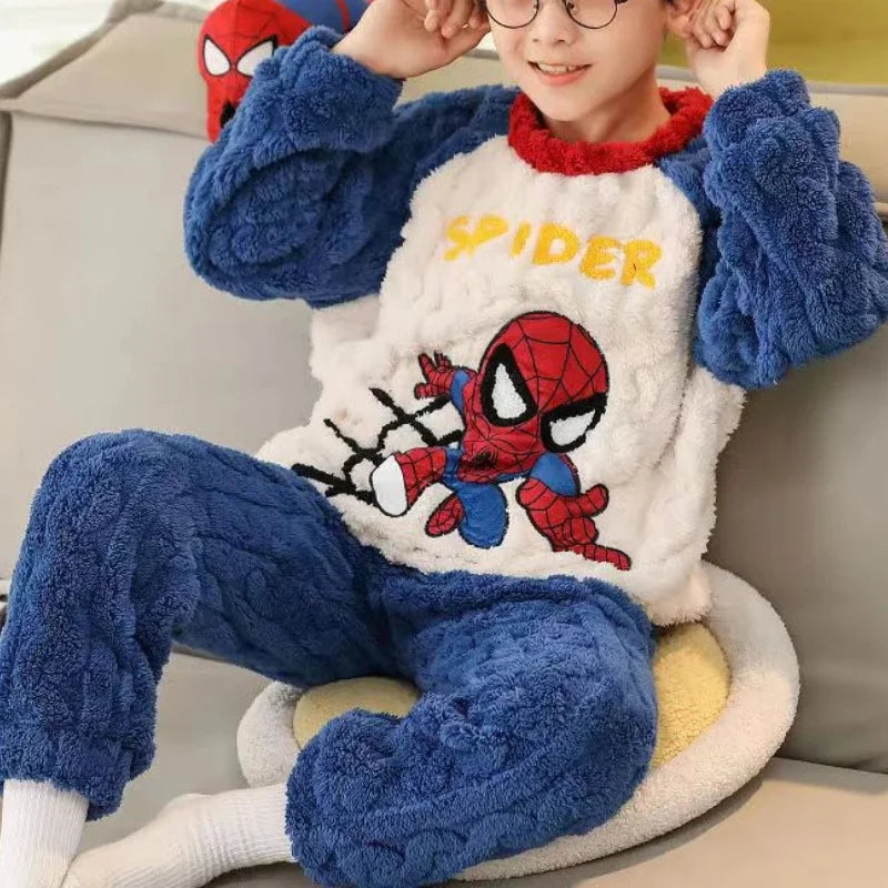 Winter Disney Children Clothing Boys Sleepwear Set Flannel Thick Long Sleeve Warm Set Pajamas Two Pieces Kids Clothes Spiderman