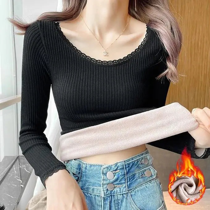 Thermal Underwear Women Winter Bottoming Shirt Fleece Warm Solid Long-Sleeved Lambwool Close-fitting O-Neck Pullover