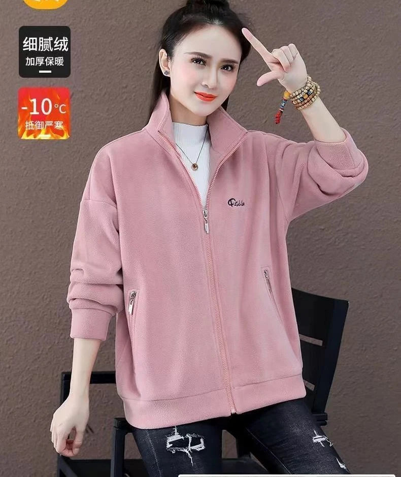 Autumn Winter Double Sided Polar Fleece Warm Coat Women Zipper Outdoor Running Sports Cardigan Warm Printing Letter Sweatshirt