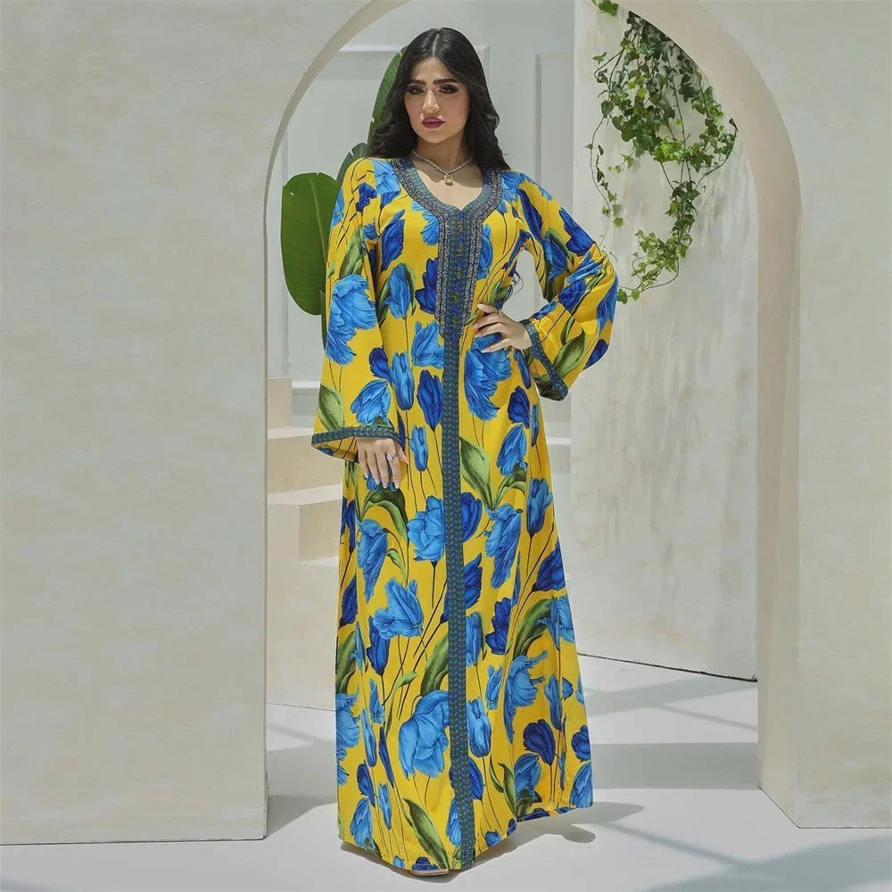 Abaya Elegant Ethnic Print Maxi Dress For Women Spring Autumn 2024 Muslim Jalabiya Dubai Turkey Moroccan Caftan Femme Clothes