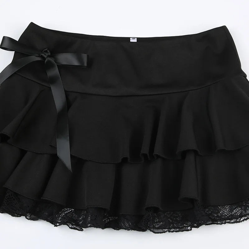 Goth Y2K Black Lace Trim Bow A Line Mini Skirt Women Korean Streetwear