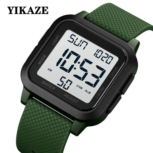 YIKAZE Black Sports Watch Men's Digital Watch Alarm Chrono Clock 3Bar Waterproof Military Men Watches LED Electronic Wristwatch