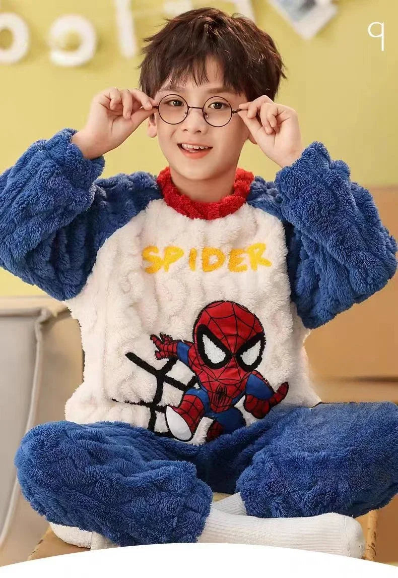 Winter Disney Children Clothing Boys Sleepwear Set Flannel Thick Long Sleeve Warm Set Pajamas Two Pieces Kids Clothes Spiderman