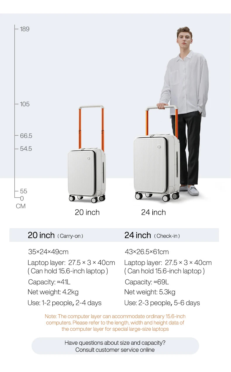 Mixi Front Laptop Pocket Suitcase Wide Handle Travel Suitcase Men 20''Carry-On Luggage Women PC Aluminum Frame Trolley Case 24''