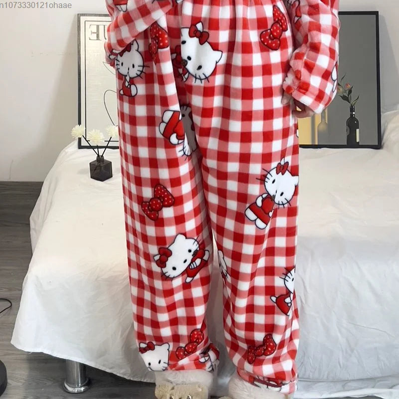 Sanrio Hello Kitty Home Clothes Red Plaid Plush Top Pullover Pants Women 2 Piece Set Cartoon Soft Flannel Cute Pajamas Suit Y2k