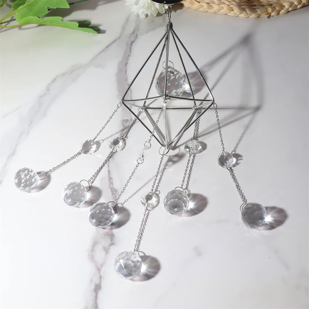 Wind Chime Crystal Light Catcher Hanging Ornament diamond Moon Prism Metal Frame Lighting Ball Bead Jewelry Curtains Home Decor