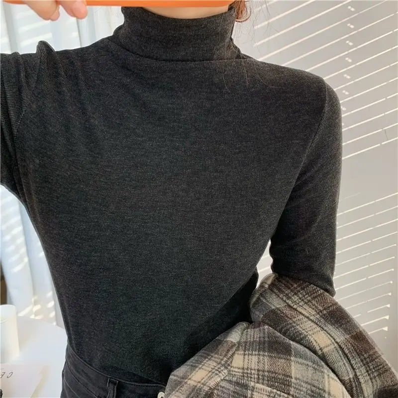 Winter Semi High Collar Long Sleeved T-shirt Women Solid Color Casual Slim Basic Inner Fashion Elegant Warm Gray T Shirt Top