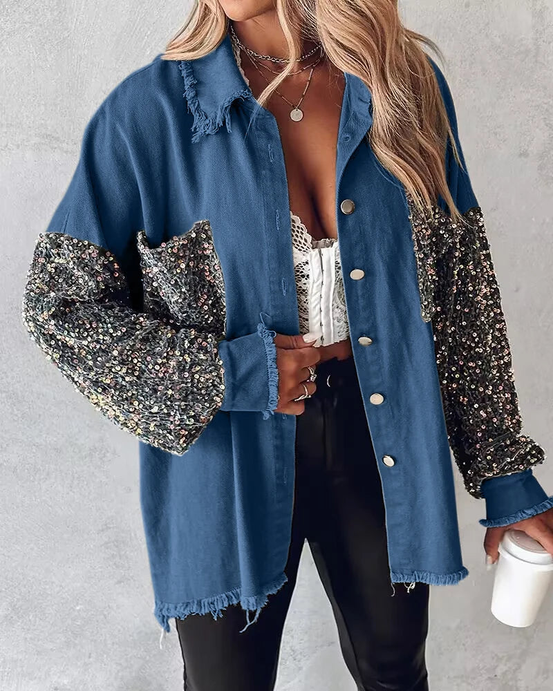 Contrast Sequin Raw Hem Shacket Women Jackets & Coats Tops