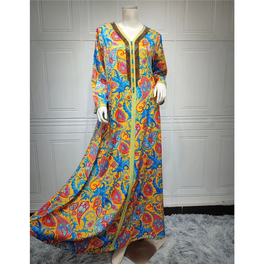 Abaya Elegant Ethnic Print Maxi Dress For Women Spring Autumn 2024 Muslim Jalabiya Dubai Turkey Moroccan Caftan Femme Clothes