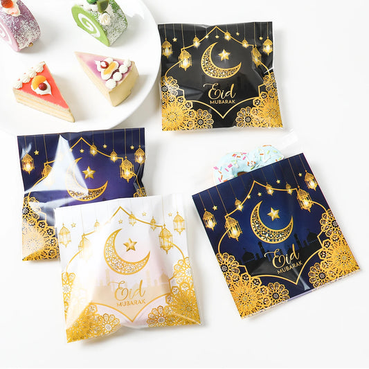 50pcs Eid Mubarak Gift Bags Plastic Bag Cookie Candy Ramadan Kareem Decoration 2024 Islamic Muslim Party Packaging Bag Pouch