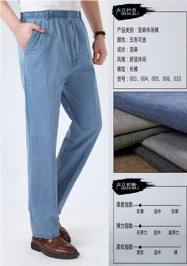 Mens Cotton Linen Long Pants Summer Elastic Waist Trousers Solid Breathable High Waist Loose Leisure Resort Thin Straight Pants