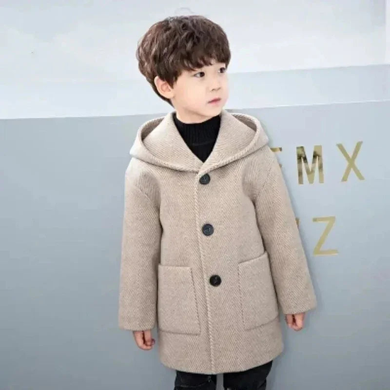 Winter Woolen Jacket For Boy New 2024 Korean Version Fashion Thickening Handsome Mid-Length Keep Warm Casual Children's Clothing