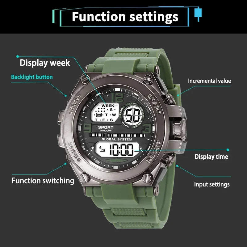 YIKAZE Men's Sports Watches Military Multifunction Digital Watch 3Bar Waterproof Luminous Alarm Clock Men Electronic Wristwatch