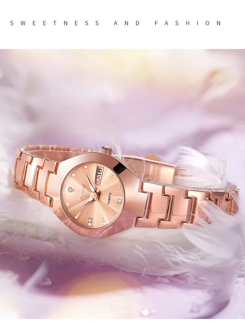 POSHI Fashion Quartz Girls Watch Stainless Steel Simple Women Watch Date Week Waterproof Thin Lady Business Clock  Wristwatch