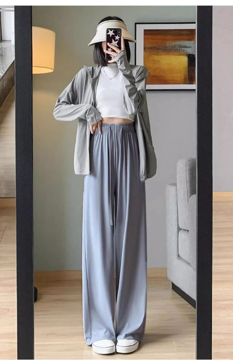 Summer High Waisted Wide Leg Pants Thin Sun Protection Elastic Waist Ice Silk Cool Quick Drying Casual Trousers Women Clothing