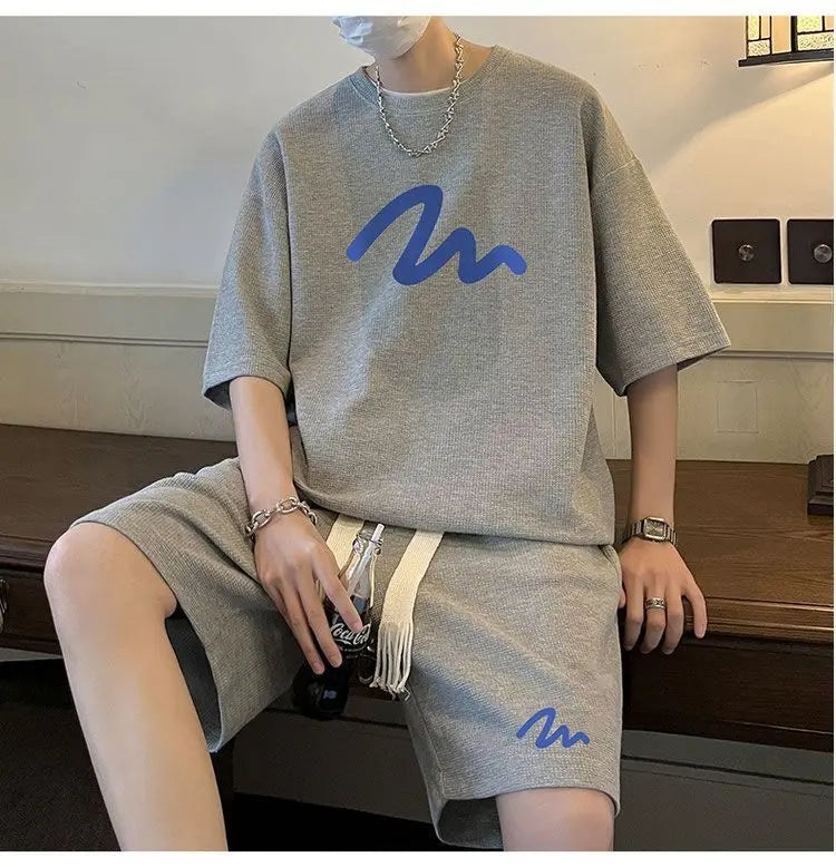 2 Pieces Men Shorts Set Summer Waffle Pattern Hong Kong Style Casual O Neck Half Sleeve T Shirt Shorts Oversize Loose Print Sets