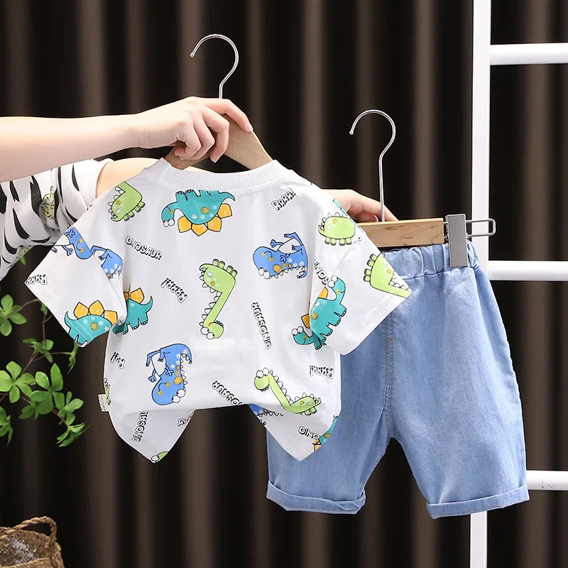 Summer Baby Boys Clothing Suits Childrens Set Dinosaur Print Tshirt+Denim Shorts 2 Pcs/sets Fashion  Children'clothes