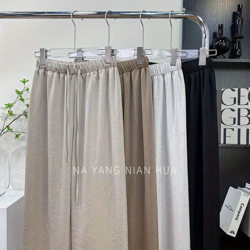 Spring Summer Ice Silk Satin Women's Pants Commuting High Waist Loose Straight Drape Casual Wide Leg Folds Full Length Pants