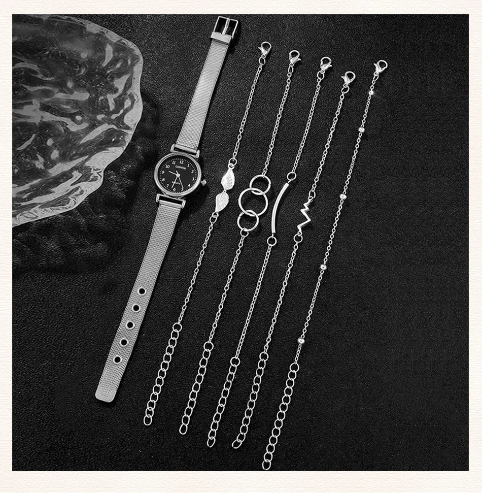 6PCS Set Women Watches Fashion Ladies Quartz Watch Bracelet Set Silvery Mesh Luxury Women Watches Dress Clock Montre Femme