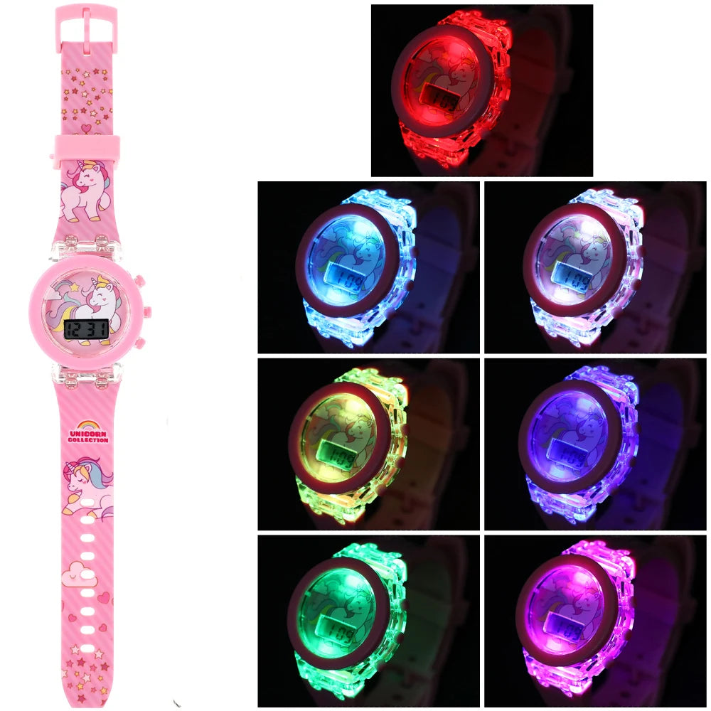 Cartoon unicorn Children Watches for kids Collection Digital Electronic Flash Glow Up Light Colourful mickey mouse Girls Clock