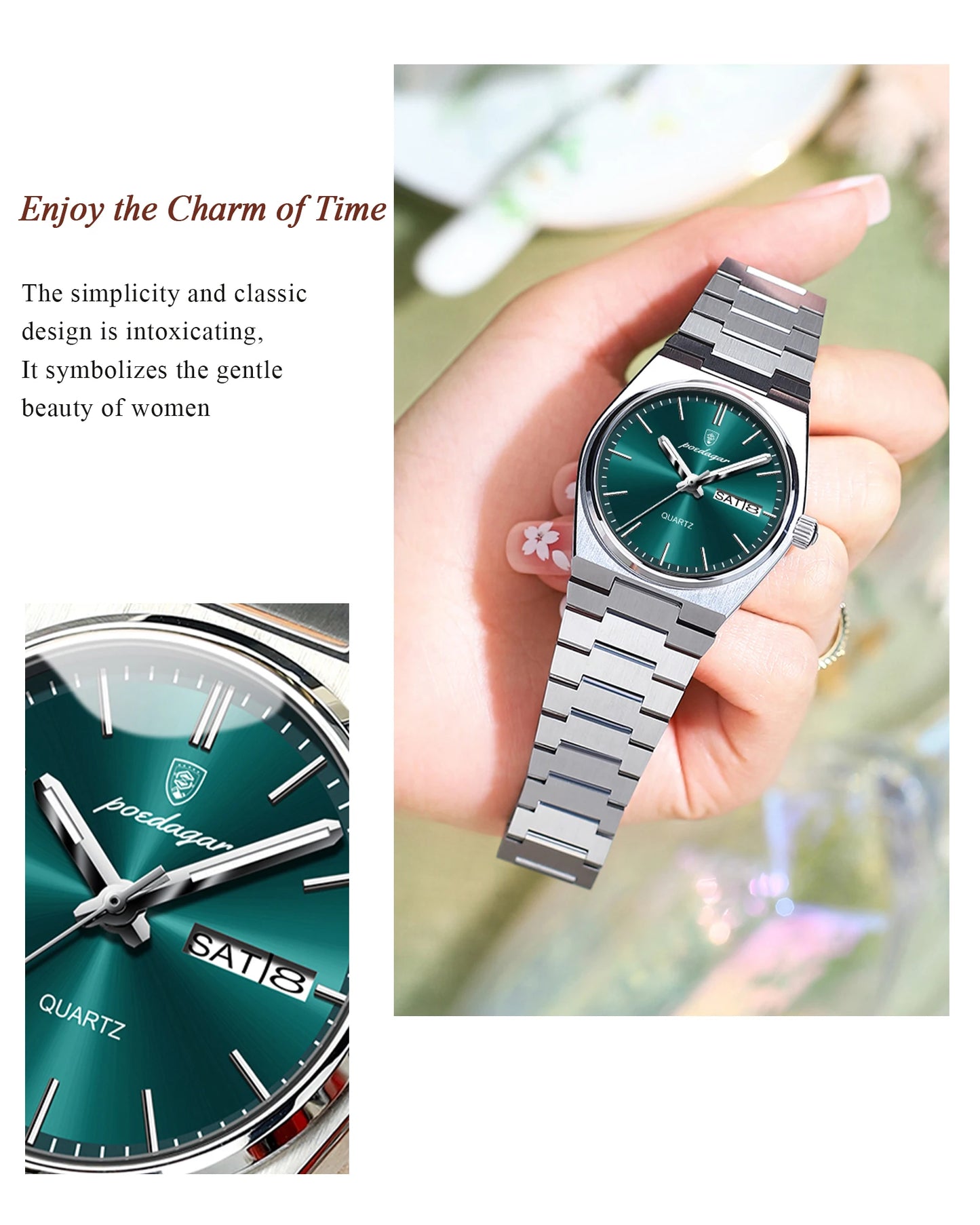 POEDAGAR Luxury Watch for Woman Ladies Elegant Quartz Watch Waterproof Luminous Date Week Stainless Steel Women's Watches Clock