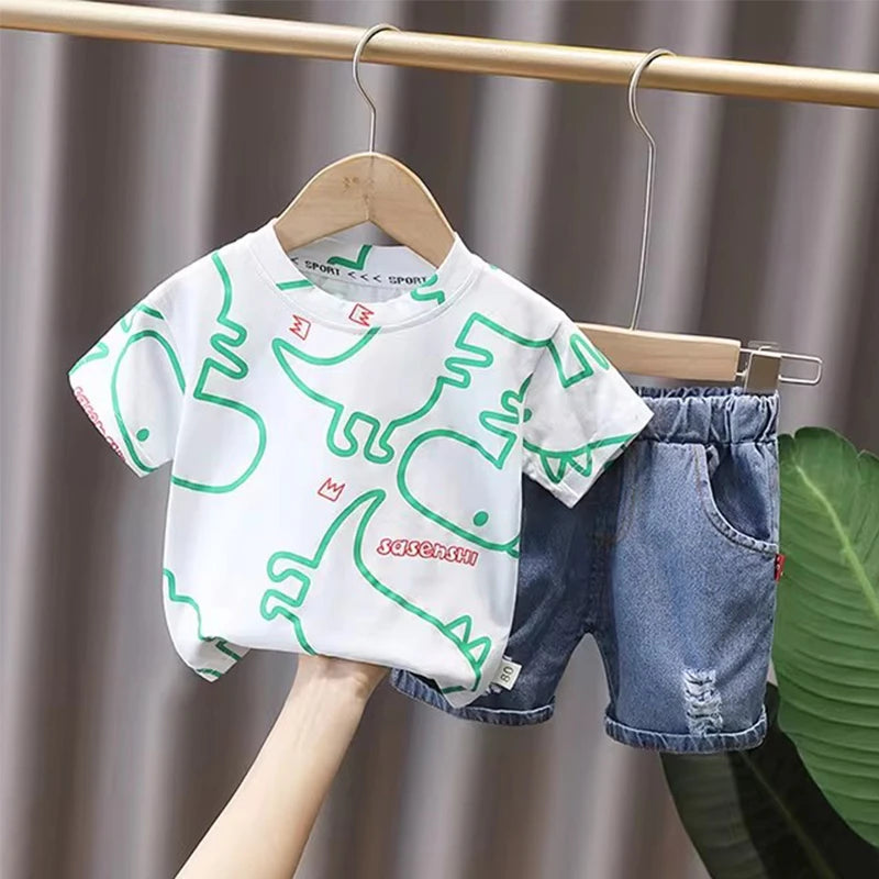 Summer Baby Boys Clothing Suits Childrens Set Dinosaur Print Tshirt+Denim Shorts 2 Pcs/sets Fashion  Children'clothes