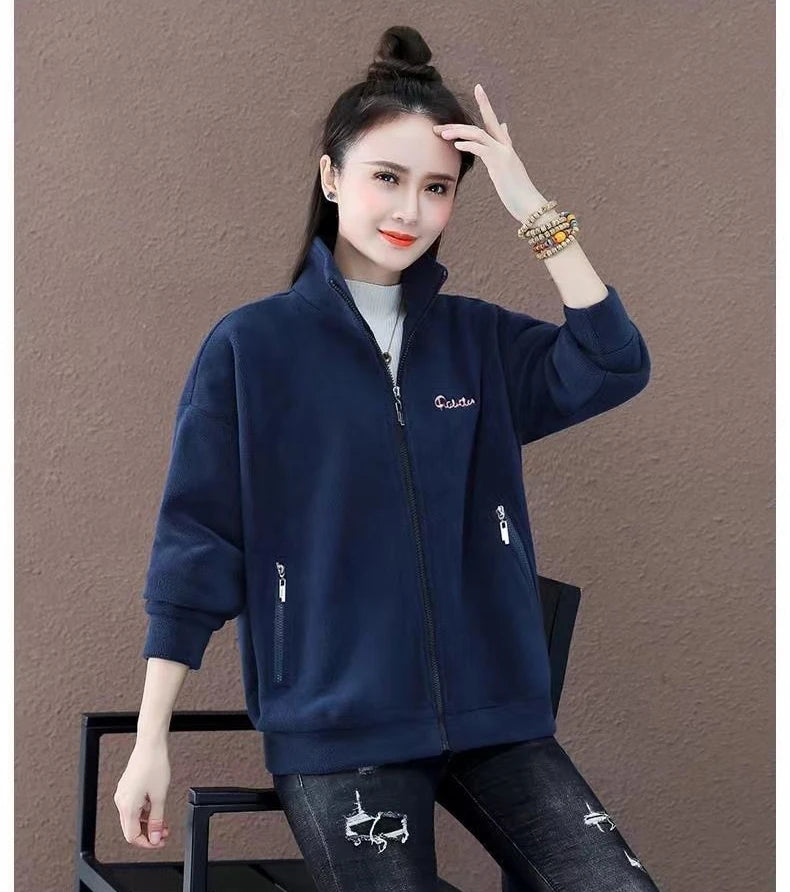 Autumn Winter Double Sided Polar Fleece Warm Coat Women Zipper Outdoor Running Sports Cardigan Warm Printing Letter Sweatshirt