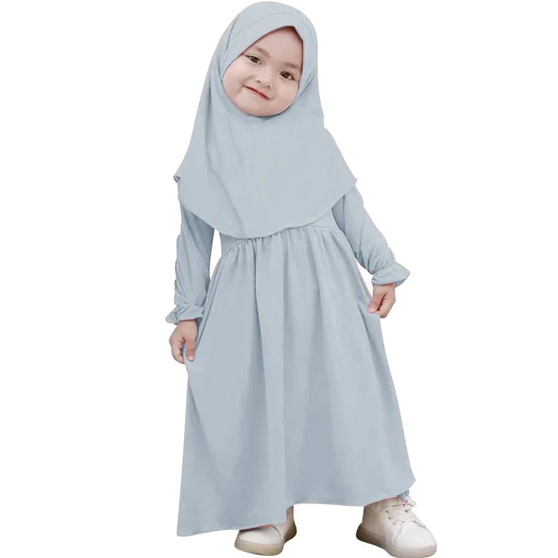 2Pcs Muslim Kids Hijab Dresses Abaya Set Islamic Children Ramadan Prayer Burka Arab Girls Khimar Headscarf Niqab Kaftan Clothing