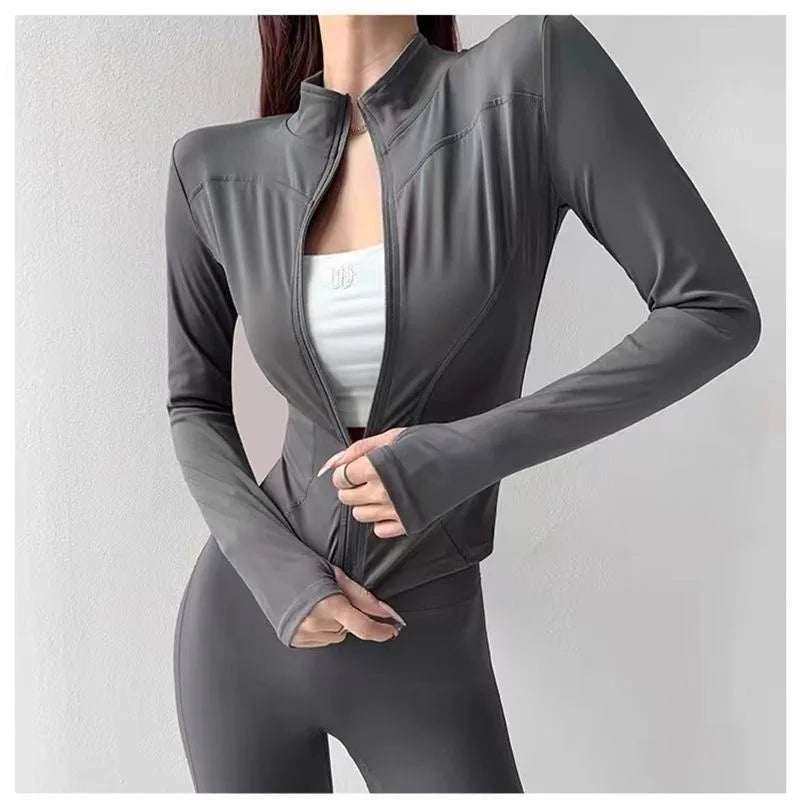 Women Zip Fitness Clothes Long Sleeve Sports Jacket with Pockets Yoga Shirt Quick Dry Gym Top Sunscreen Sportswear Running Coats