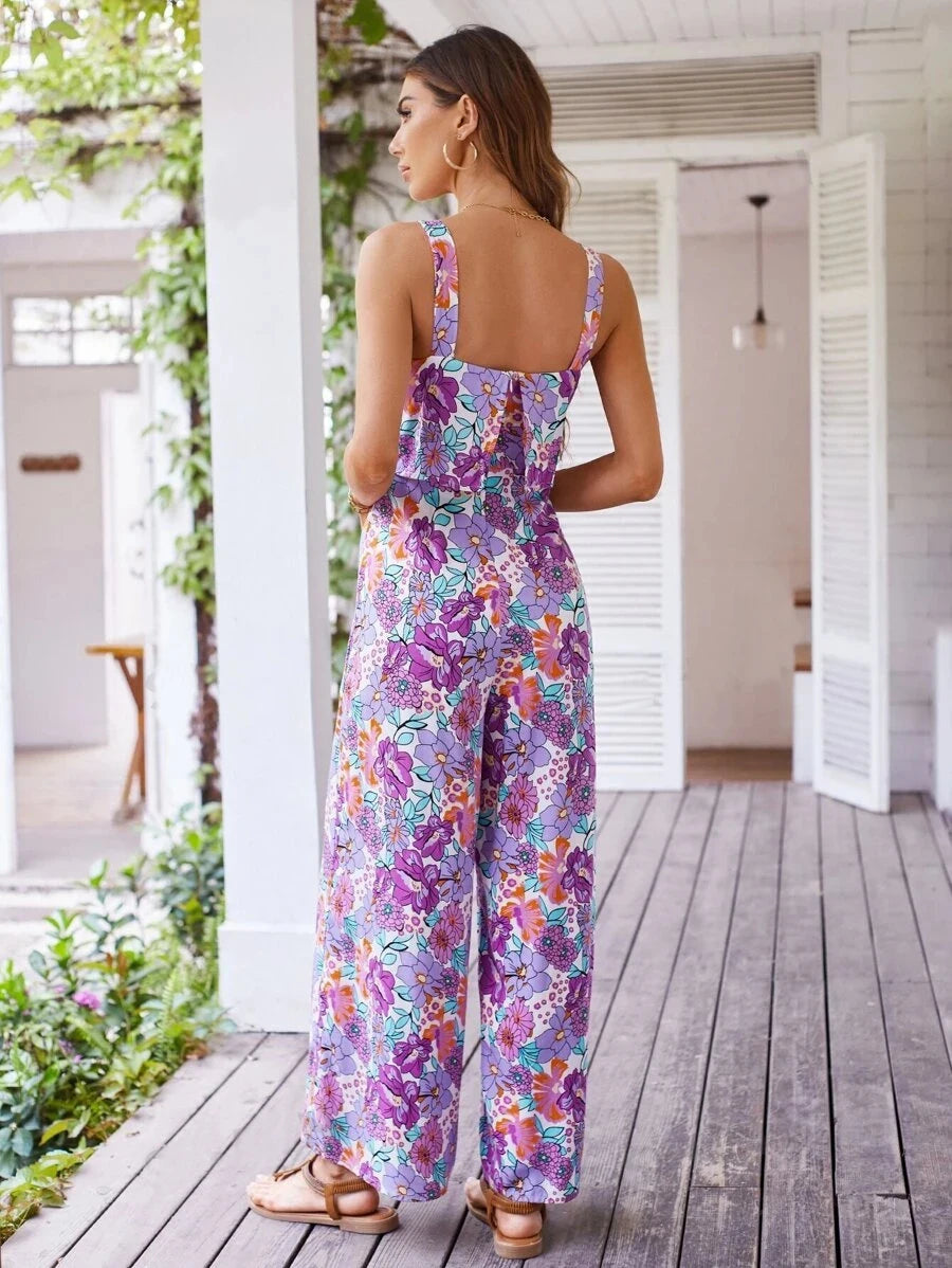 Elegant Long Jumpsuit Women Sexy Backless Wide Leg Jumpsuits Casual Sleeveless Floral Rompers Summer Clothes For Woman 2024 New