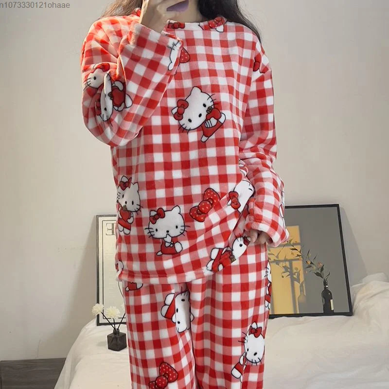 Sanrio Hello Kitty Home Clothes Red Plaid Plush Top Pullover Pants Women 2 Piece Set Cartoon Soft Flannel Cute Pajamas Suit Y2k