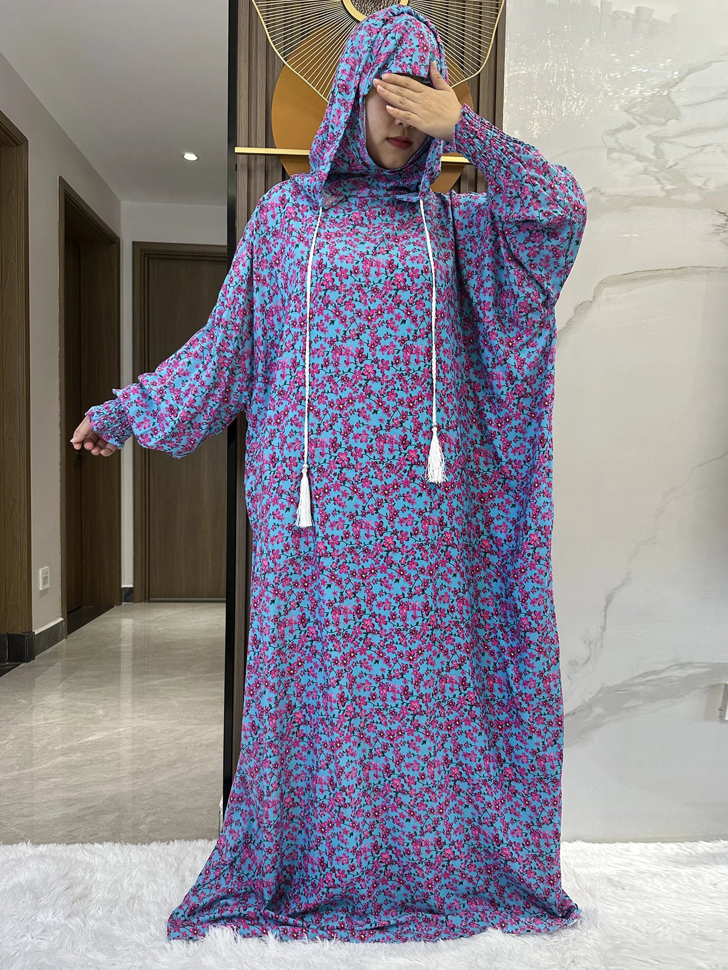 New Ramadan Muslim Two Hats Abaya Dubai Turkey Islam Prayer Clothes Floral Cotton Long Dress Islam Women Dress Kaftan