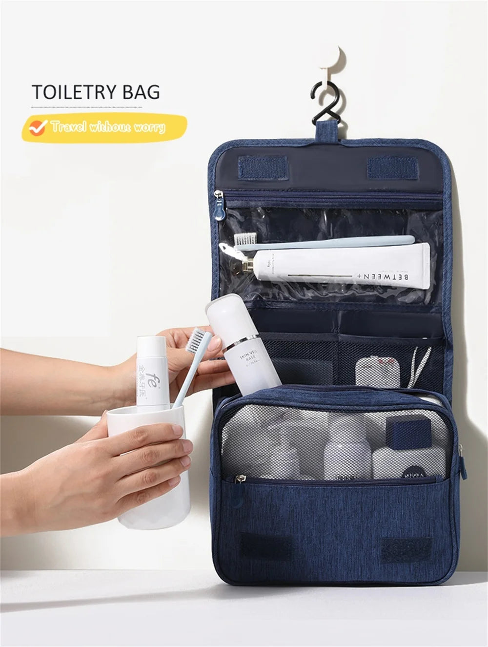 Portable Toiletry Washbag with Hanging Hook Waterproof Women Bathroom Cosmetic Storage Bag Large Capacity Travel Men Makeup Case