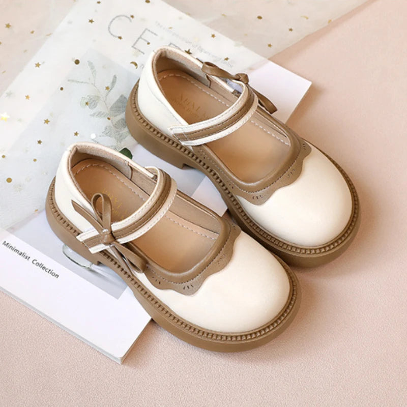 Autumn New Girl Leather Shoes Bowtie Black Beige School Causal Children Flat Elegant Round Toe Fashion Patchwork Kids Mary Janes