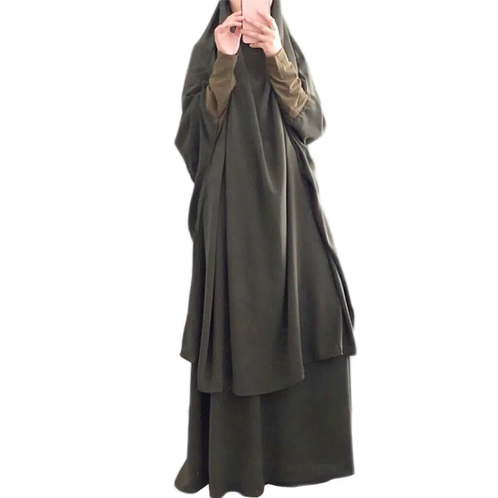 Women 2 Piece Dress Muslim Prayer Set Khimar Abaya Overhead Hijab Skirt Full Cover Islam Clothing Middle East Worship Kaftan New