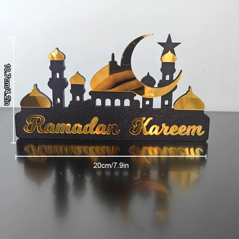 2025 Ramadan Kareem Table Ornament Wooden Acrylic Eid Mubarak Moon Star Castle DIY Tabletop Decoration Islamic Party Home Decor