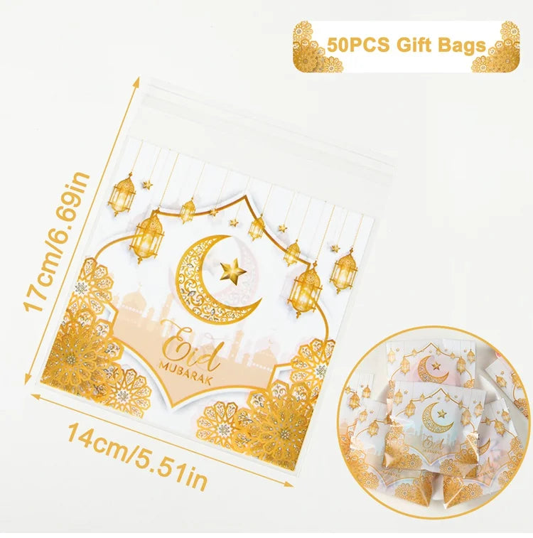 50pcs Eid Mubarak Gift Bags Plastic Bag Cookie Candy Ramadan Kareem Decoration 2024 Islamic Muslim Party Packaging Bag Pouch