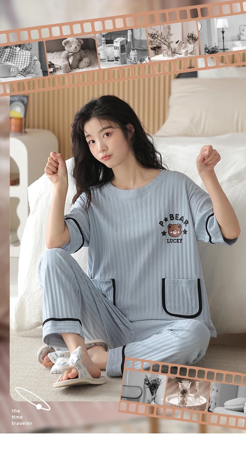 Big Size 5XL Pajama Sets Short Sleeved Cartoon Bear Knitted PJ Plaid Sleepwear Elegant Women's Pajamas Lounge Home Pijama Mujer