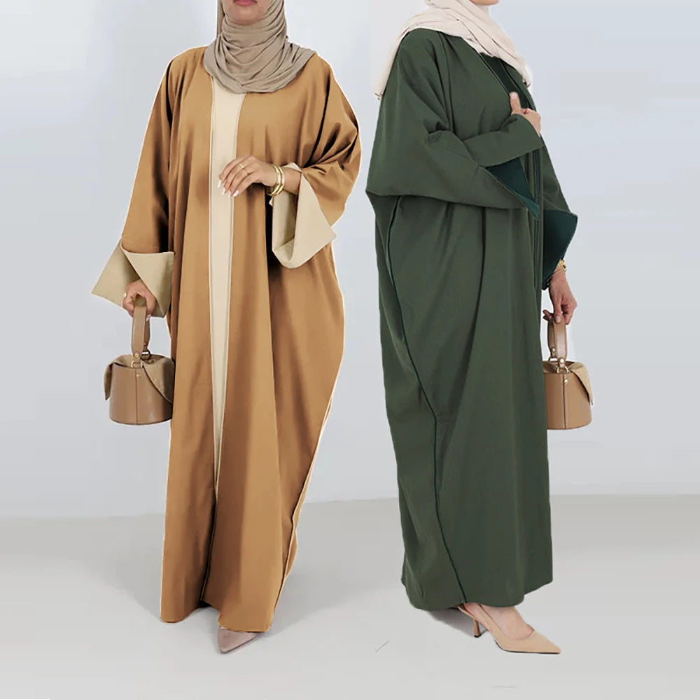 Abaya Two Piece Set EID Ramadan New Dubai Women Muslim Islamic Clothing Cuff Slits Open Kimono With Sleeveless Under Dress Solid