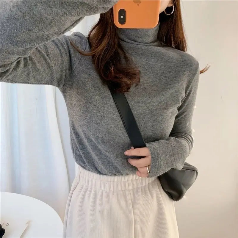 Winter Semi High Collar Long Sleeved T-shirt Women Solid Color Casual Slim Basic Inner Fashion Elegant Warm Gray T Shirt Top