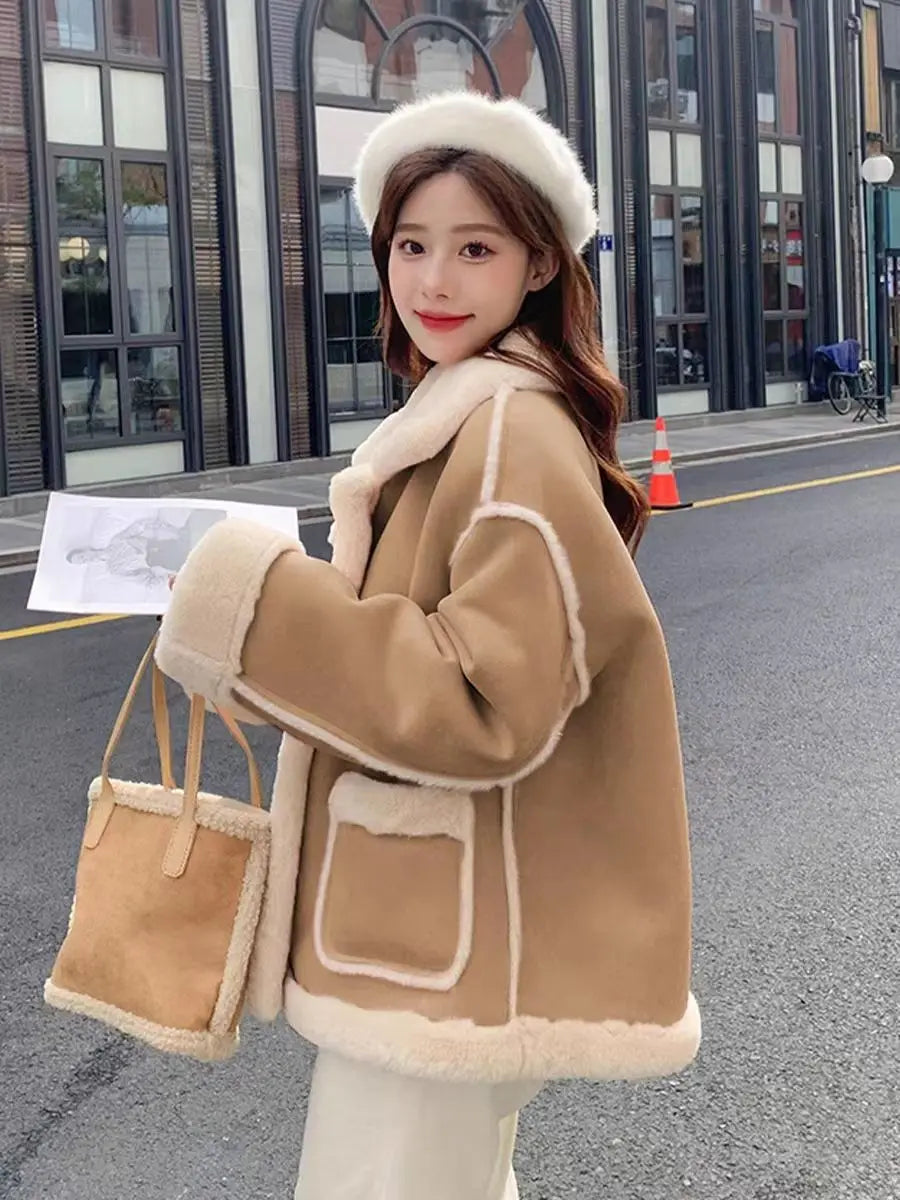 Vintage Thickened Locomotive Women Jacket Long Sleeve Warm Lamb Wool Casual Chic Coat Loose Contrasting Colour Motorcycle Coat