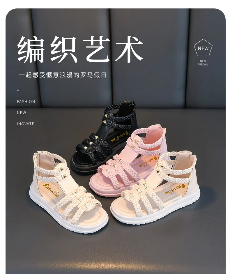 Girls Roman Sandals Open Toe Braided Solid Color High-top Simple Rivets New Summer Hollow Flat Casual Shoes Kids Fashion Casual